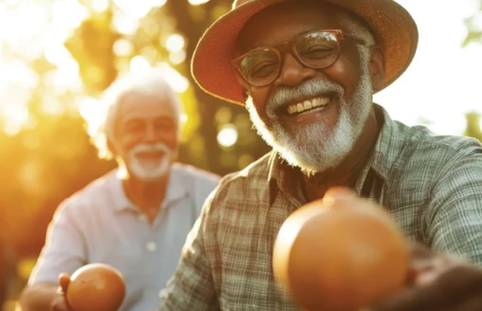 Two men are holding oranges and smiling. AI generated content