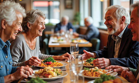 A group of people are sitting around a table in a restaurant, enjoying a meal together. They are smiling and laughing, creating a warm and friendly atmosphere. The table is set with various dishes, including bowls, cups, and wine glasses. There are also utensils such as forks and knives placed on the table. The people are seated on chairs, with some of them wearing ties. The scene captures a moment of shared happiness and camaraderie among the group. AI generated content