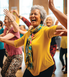 A woman wearing a yellow shirt and a scarf is laughing and smiling while dancing. AI generated content